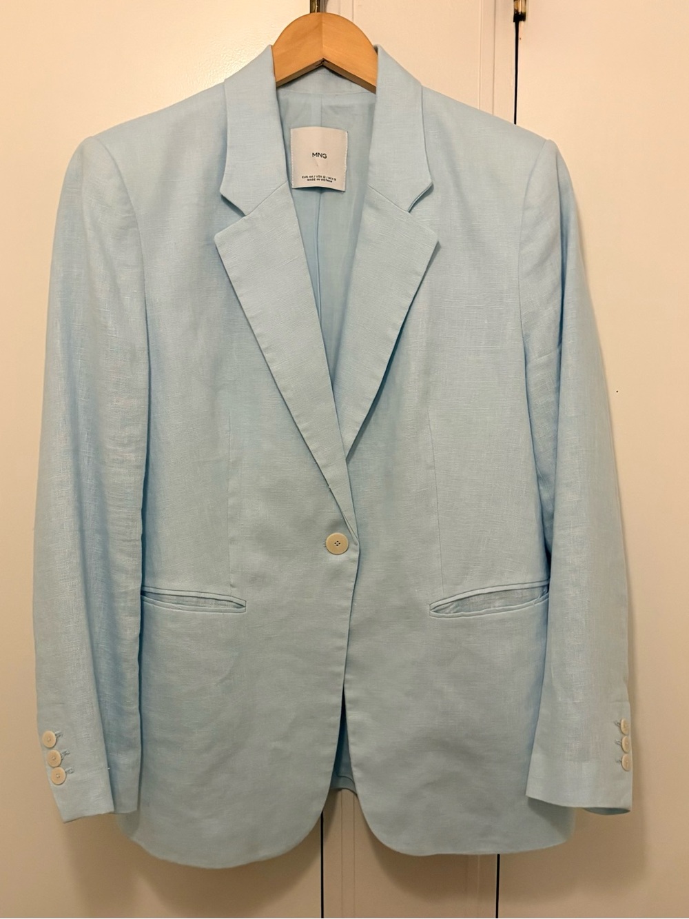 Mango Pale Blue Single-Button 100% Linen Blazer